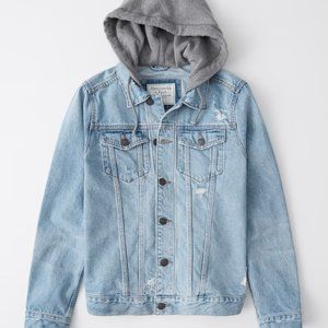Abercrombie & Fitch distressed denim jacket with grey hood men's size large